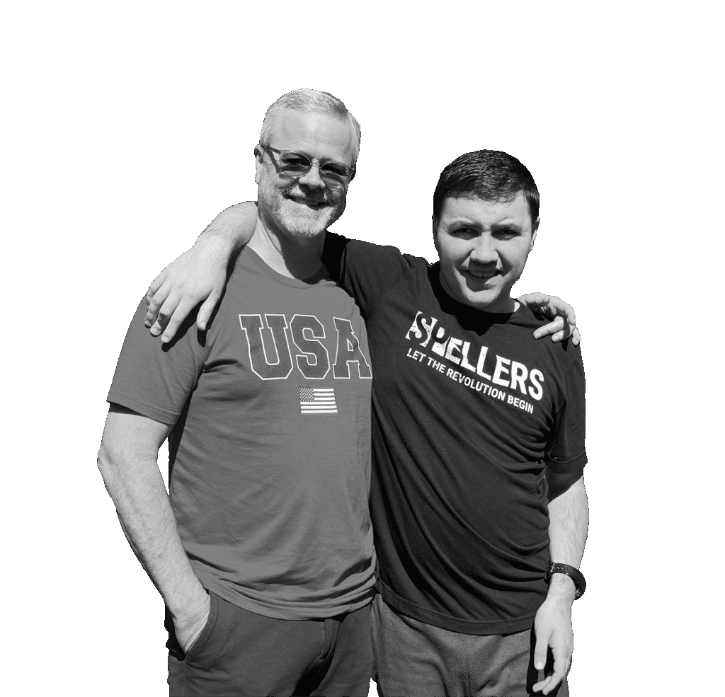 J Brad and Sam wearing Spellers and USA t-shirts to promote the nonspeaking autism communication revolution.