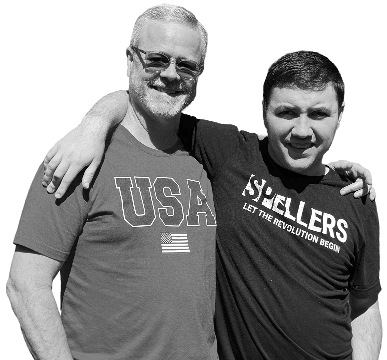 J Brad and Sam wearing Spellers and USA t-shirts to promote the nonspeaking autism communication revolution.